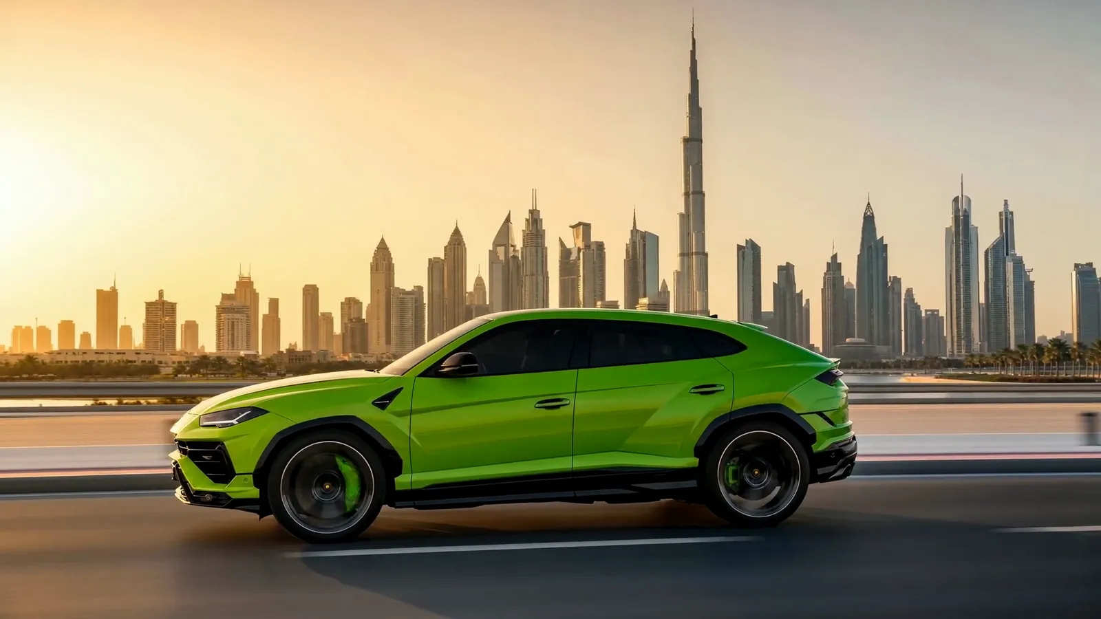 Lamborghini Urus with the Dubai skyline